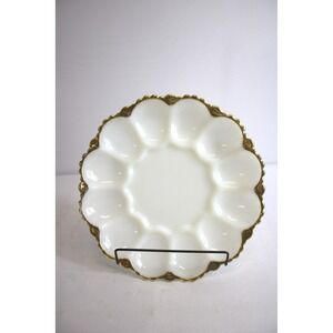 Vintage Milk Glass Egg Plate Gold Trim Anchor Hocking Serving Dish